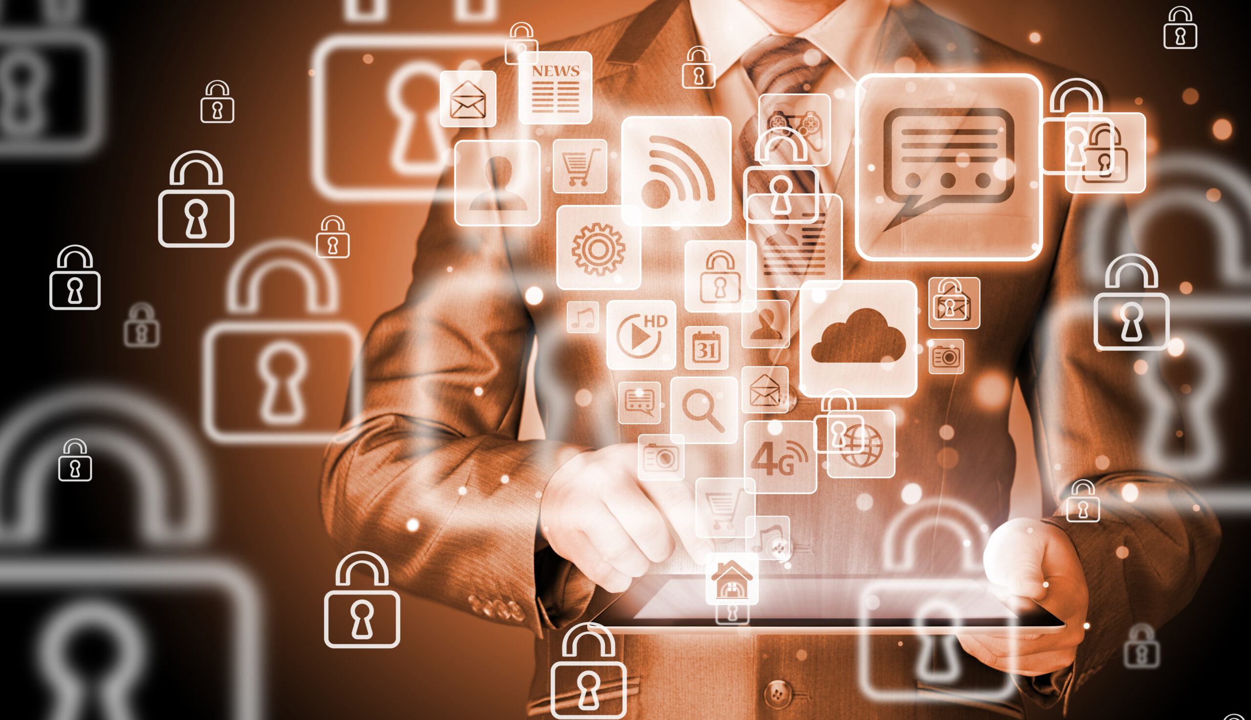 Business,Man,Using,Tablet,Pc,With,Social,Media,Icon,Set